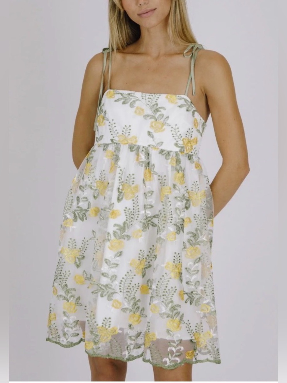 Storia Capri Baby Doll Dress NWT Embroidered Floral Mesh Tie Strap Mini Small